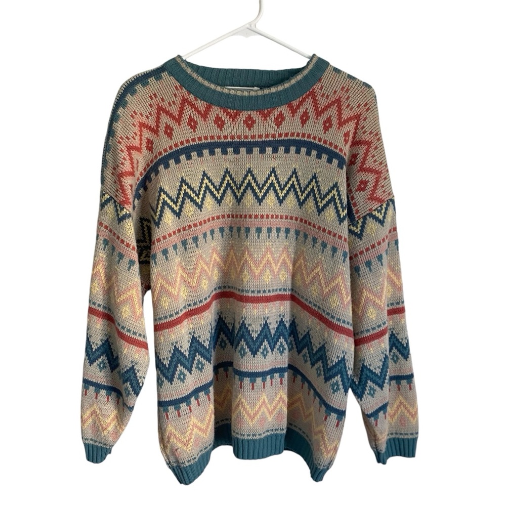 Vintage Margules Oversized Geometric Striped Thick Cozy Crew Neck Sweater